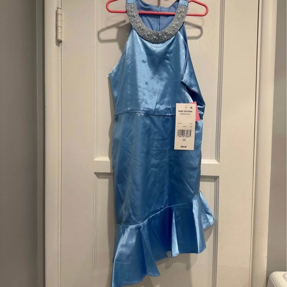 Rare Editions Sky Blue Satin Dress - Picture 2 of 2
